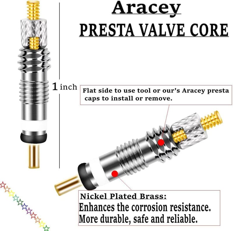 Aracey 10Pieces Presta Valve Core,12Pieces Alloy Presta Valve Caps with Alloy Valve Core Remover Tool for Tubeless Road MTB Bike, Stan's, Vittoria, Continental, Kenda and More - Image 3